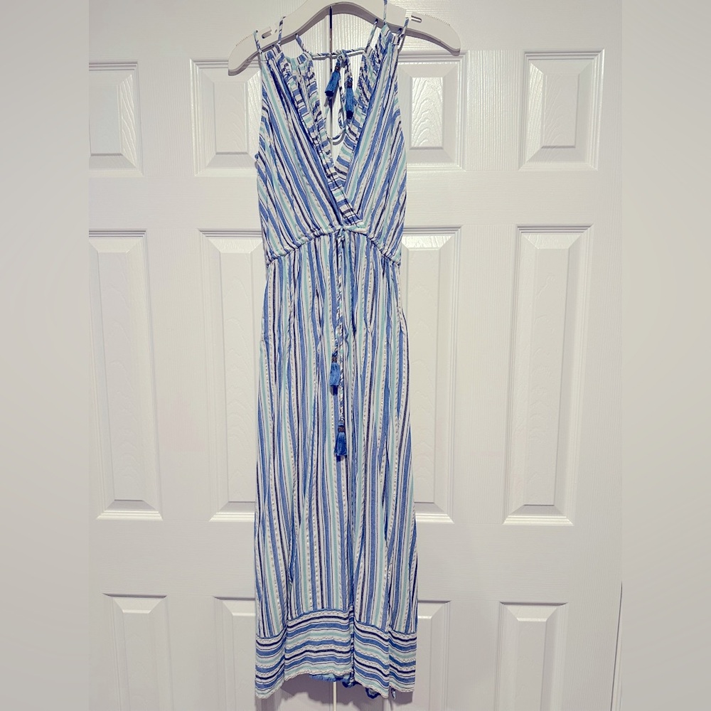 Striped Blue and White Halter Maxi Dress